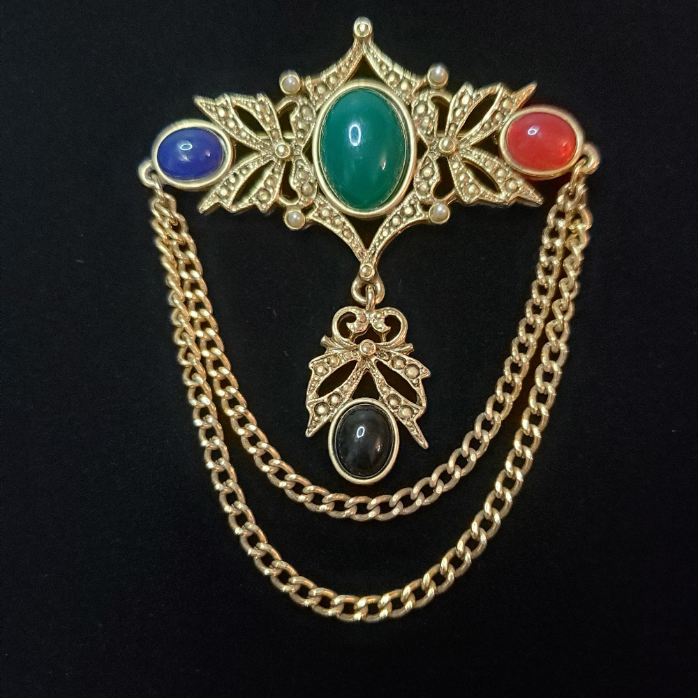 Victorian Vintage Gold Tone Brooch W/Blue Green Red & Black Stones